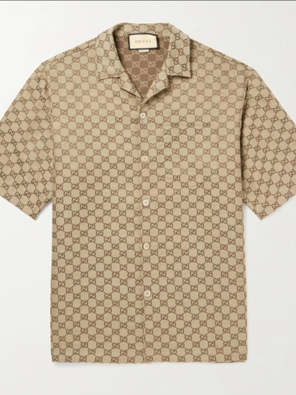 Linen-blend monogram camp collar shirt, 46